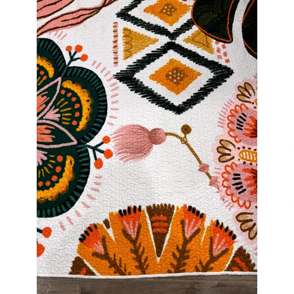 Home & Style Quilted Bedspread King White Floral Tropical Boho MCM Retro Chic